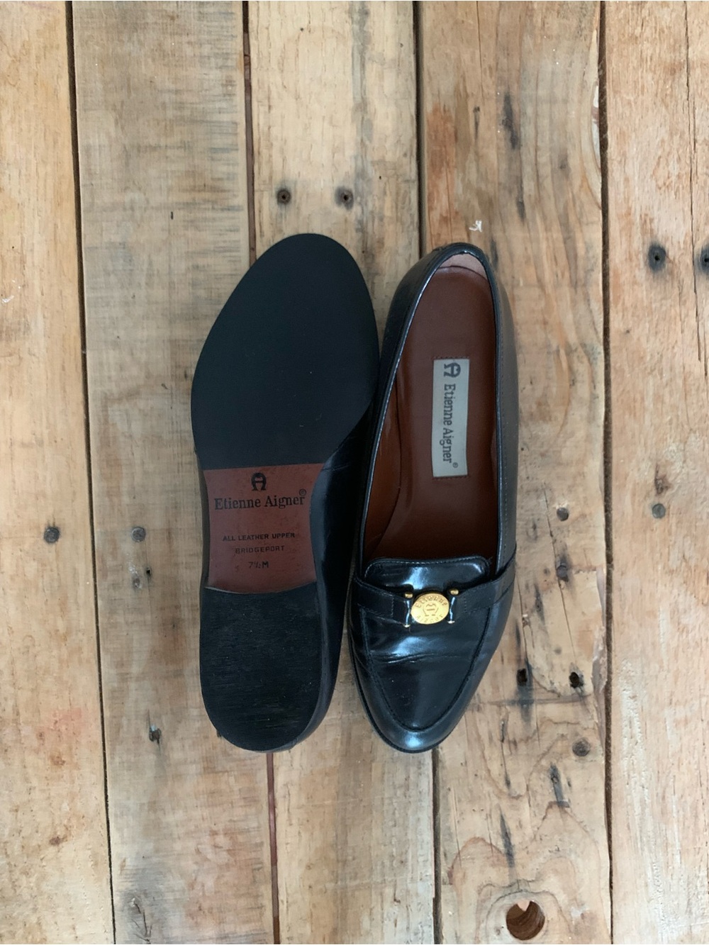 Etienne Aigner Black Leather Penny Loafers with Gold Emblem